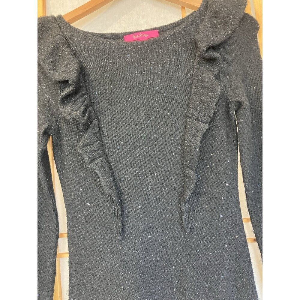 Lilly Pulitzer Ruth Black Pullover Dress Evening Sequin Ruffle Small Long Sleeve - Picture 2 of 7